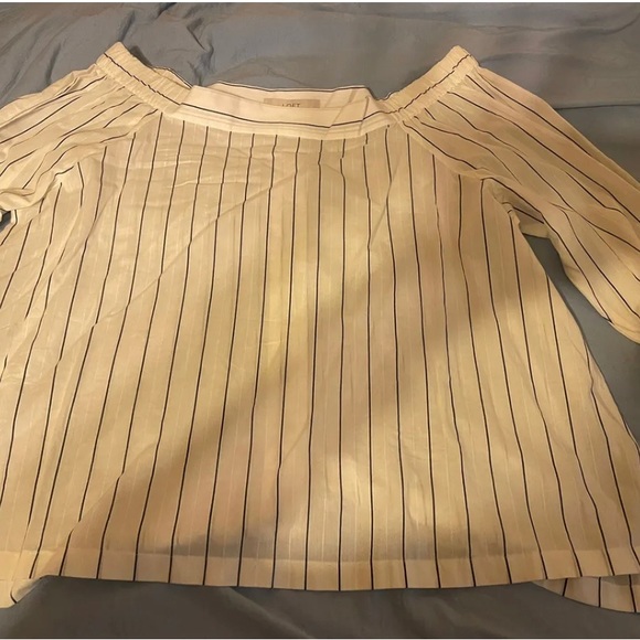 Ann Taylor LOFT blue OFF SHOULDER blouse BUTTON BACK Cotton Navy Pin Stripe XL - Picture 3 of 3